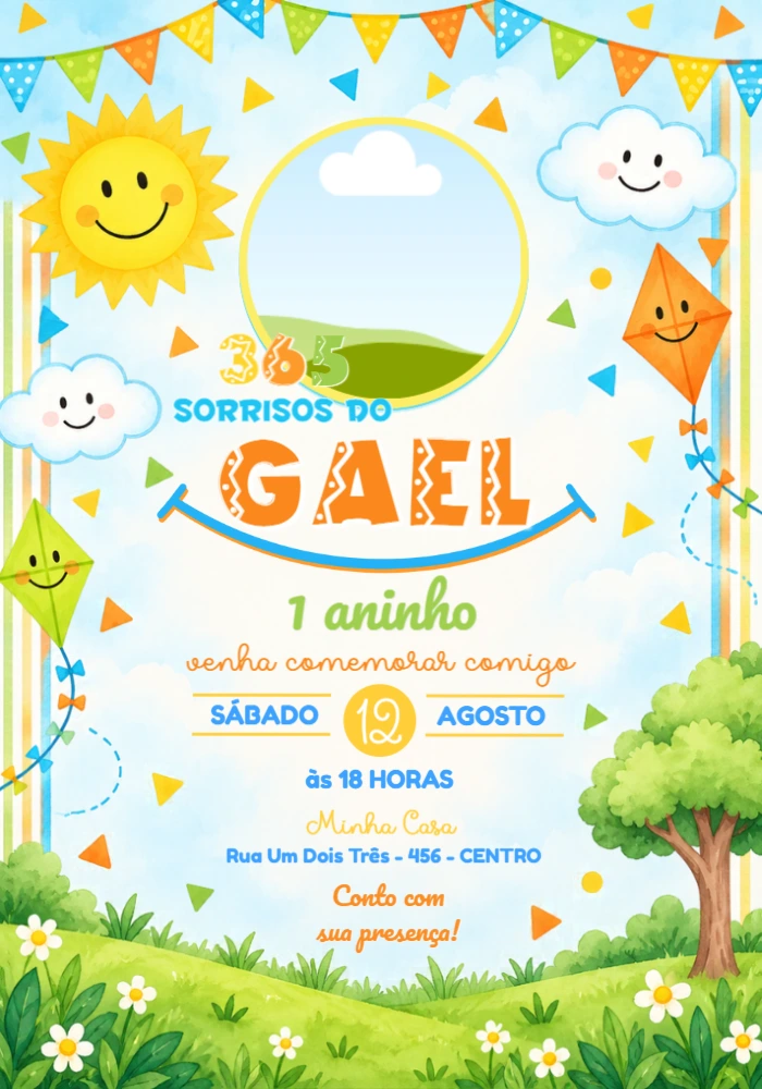 Convite de 1º Aninho 365 Sorrisos com Foto Editável Convite de 1º Aninho 365 Sorrisos com Foto Editável