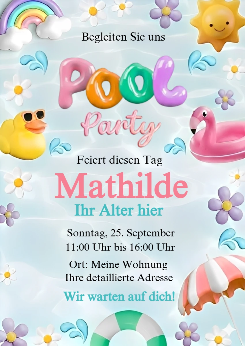 3D-Einladung zur Poolparty-Geburtstag zum Bearbeiten 3D-Einladung zur Poolparty-Geburtstag zum Bearbeiten