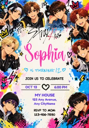 Stray Kids Birthday Invitation with Anime Art | Editable Template