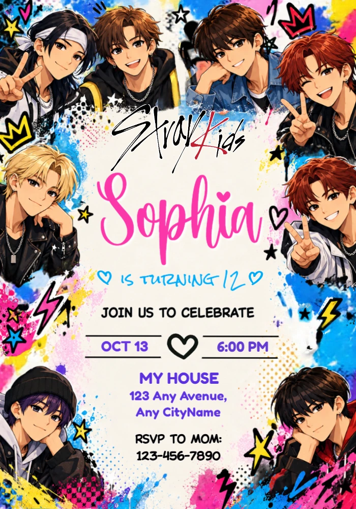 Stray Kids Birthday Invitation with Anime Art | Editable Template Stray Kids Birthday Invitation with Anime Art | Editable Template