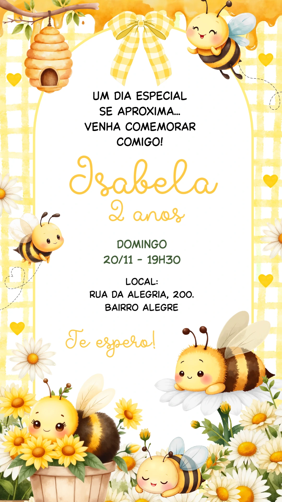 Convite de Aniversário Abelhinha Editável para Menina Convite de Aniversário Abelhinha Editável para Menina