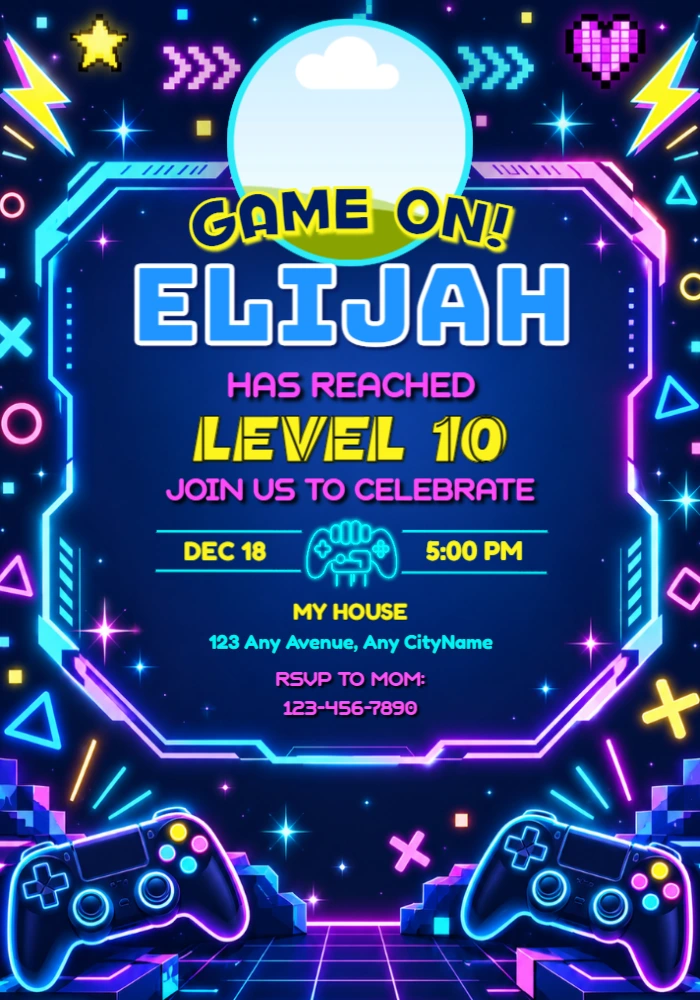 Neon Gamer Birthday Invitation | Level Up Editable Template Neon Gamer Birthday Invitation | Level Up Editable Template