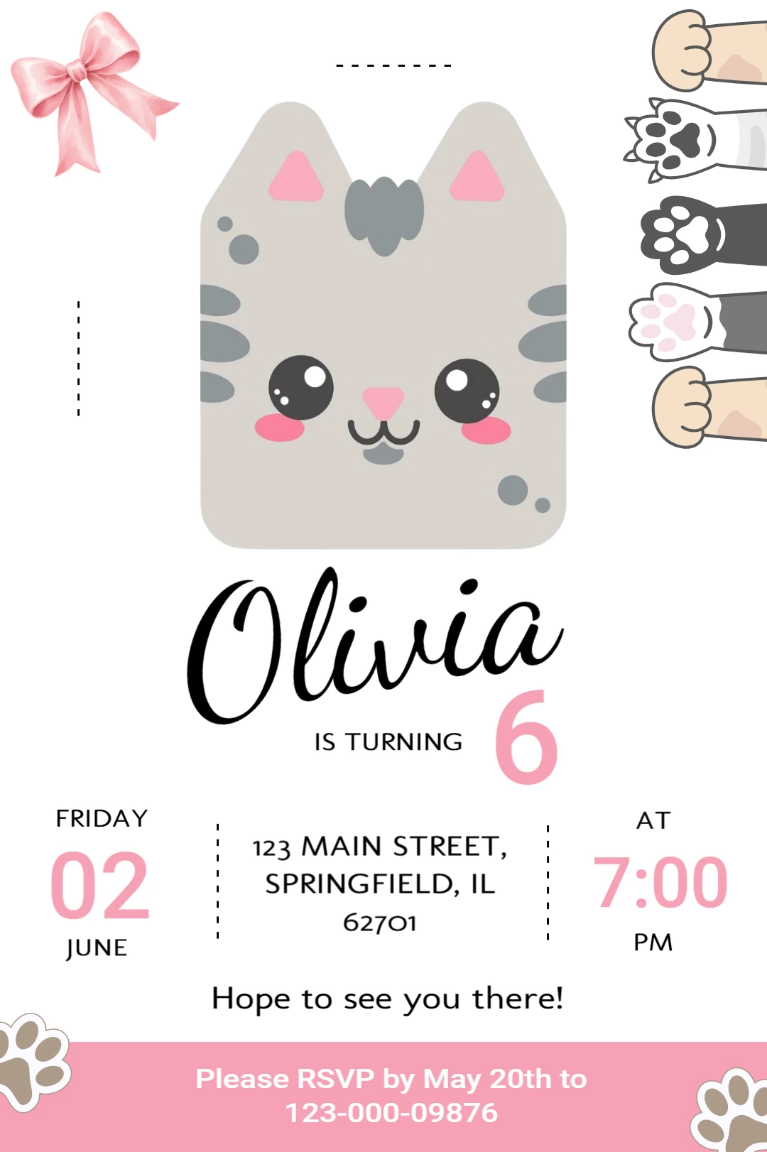 Editable Pink Kitten Birthday Party Invitation Editable Pink Kitten Birthday Party Invitation