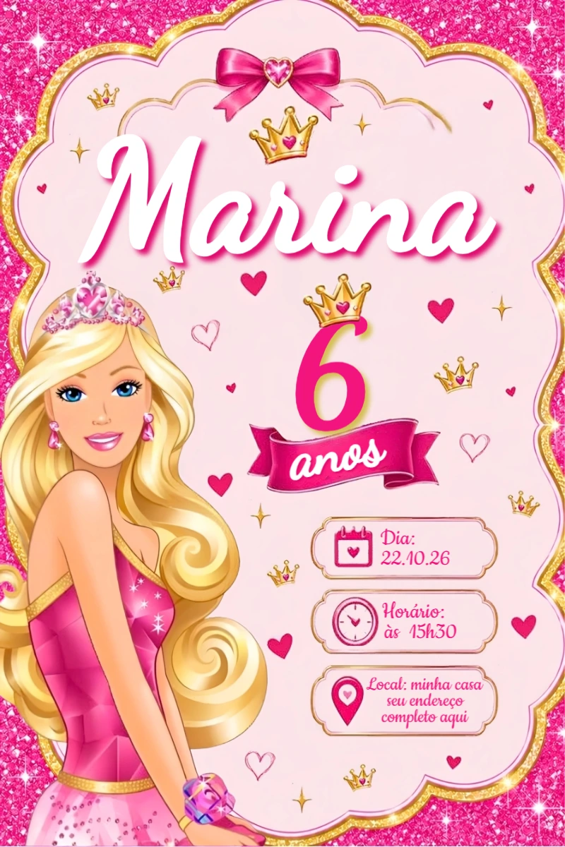 Convite de Aniversário Barbie Princesa | Modelo Digital Editável Convite de Aniversário Barbie Princesa | Modelo Digital Editável