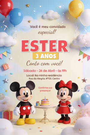 Convite Editável de Aniversário Mickey e Minnie
