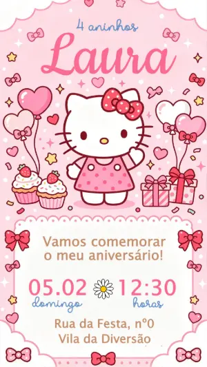 Convite de Aniversário Hello Kitty Rosa para Editar