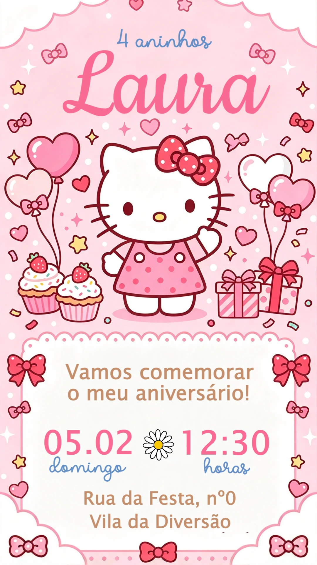 Convite de Aniversário Hello Kitty Rosa para Editar Convite de Aniversário Hello Kitty Rosa para Editar
