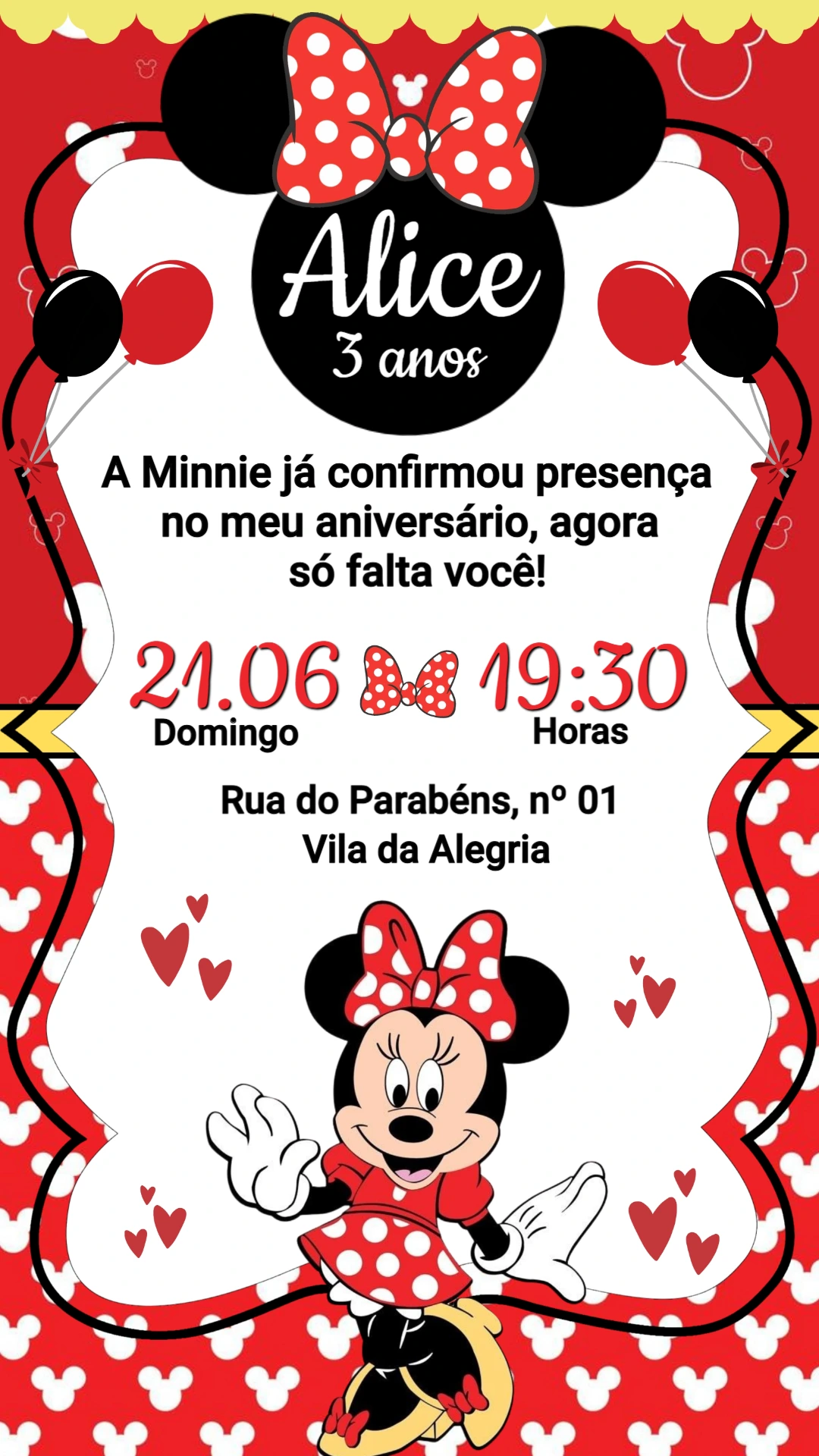 Convite de Aniversário Minnie Vermelha Modelo Editável Convite de Aniversário Minnie Vermelha Modelo Editável