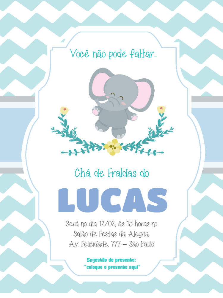 Convite Chá de Fraldas Elefante Azul para Editar