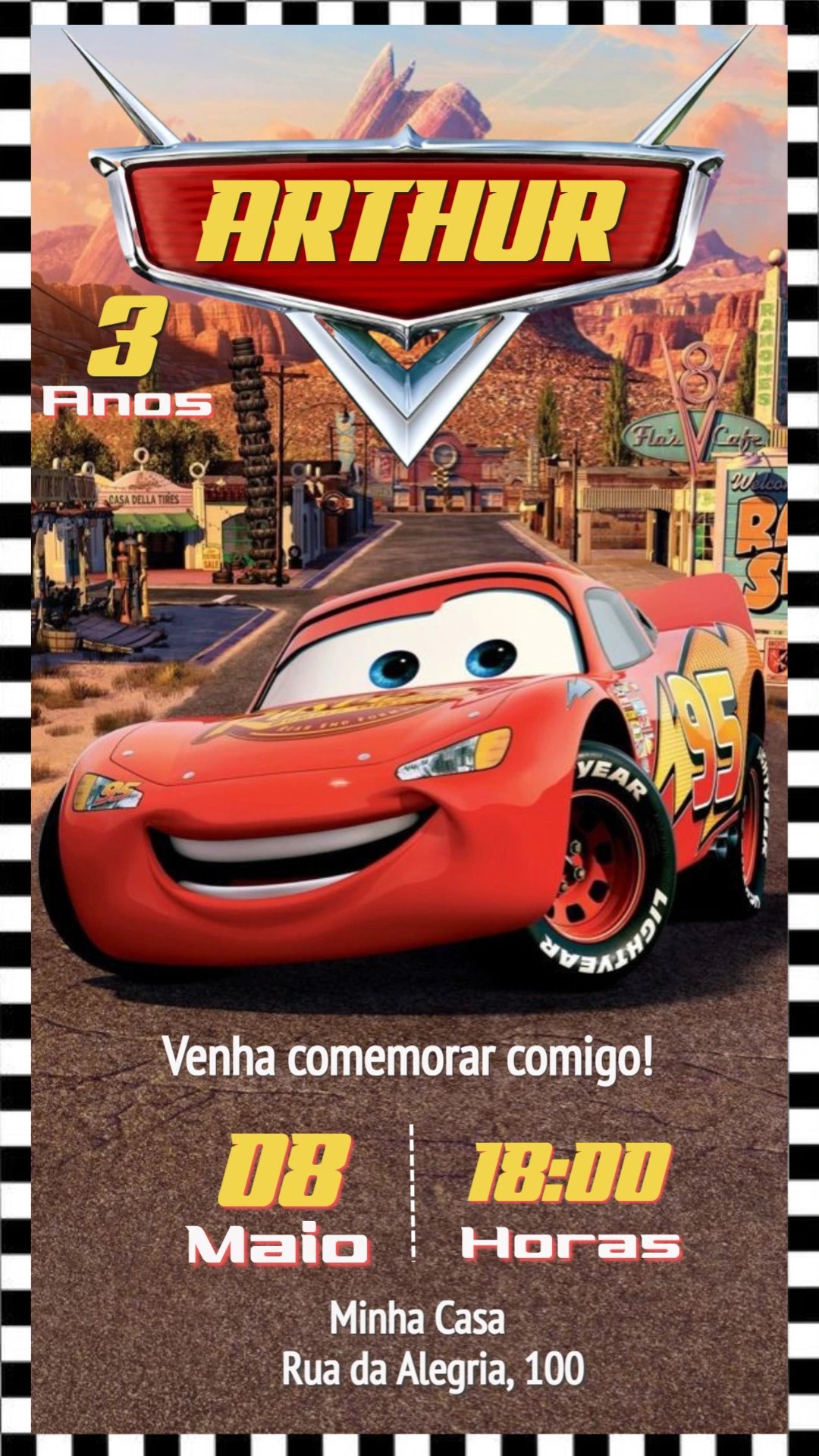 Convite de Aniversário Carros: Relâmpago McQueen Editável Convite de Aniversário Carros: Relâmpago McQueen Editável