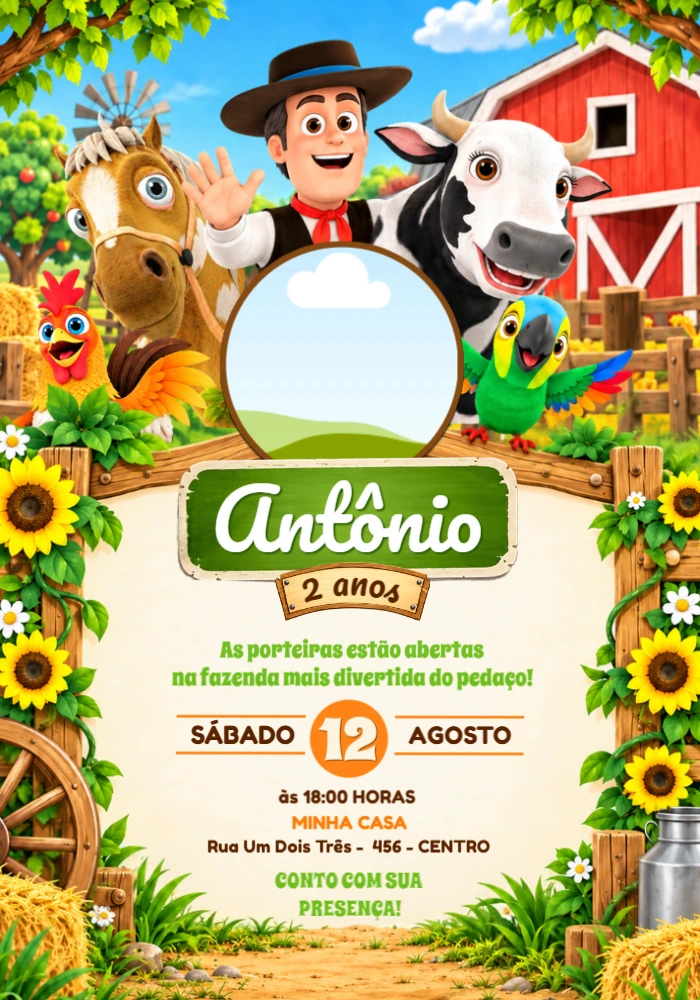 Convite de Aniversário A Fazenda do Zenon com Foto Editável Convite de Aniversário A Fazenda do Zenon com Foto Editável