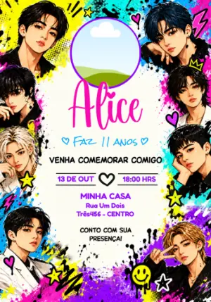 Convite de Aniversário Stray Kids Estilo Pop Art para Editar