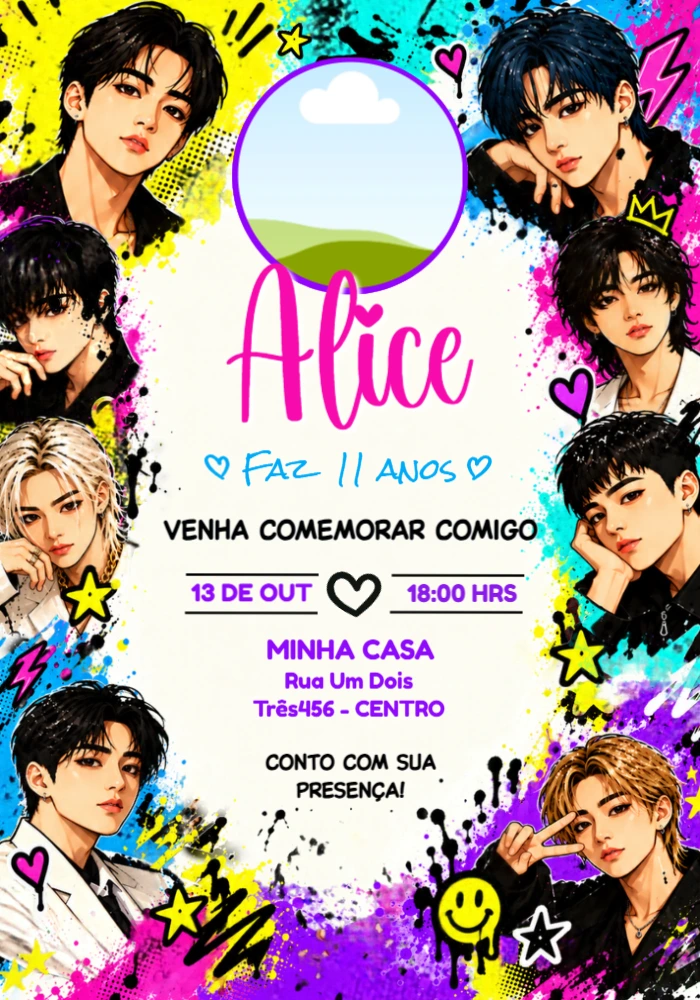 Convite de Aniversário Stray Kids Estilo Pop Art para Editar Convite de Aniversário Stray Kids Estilo Pop Art para Editar