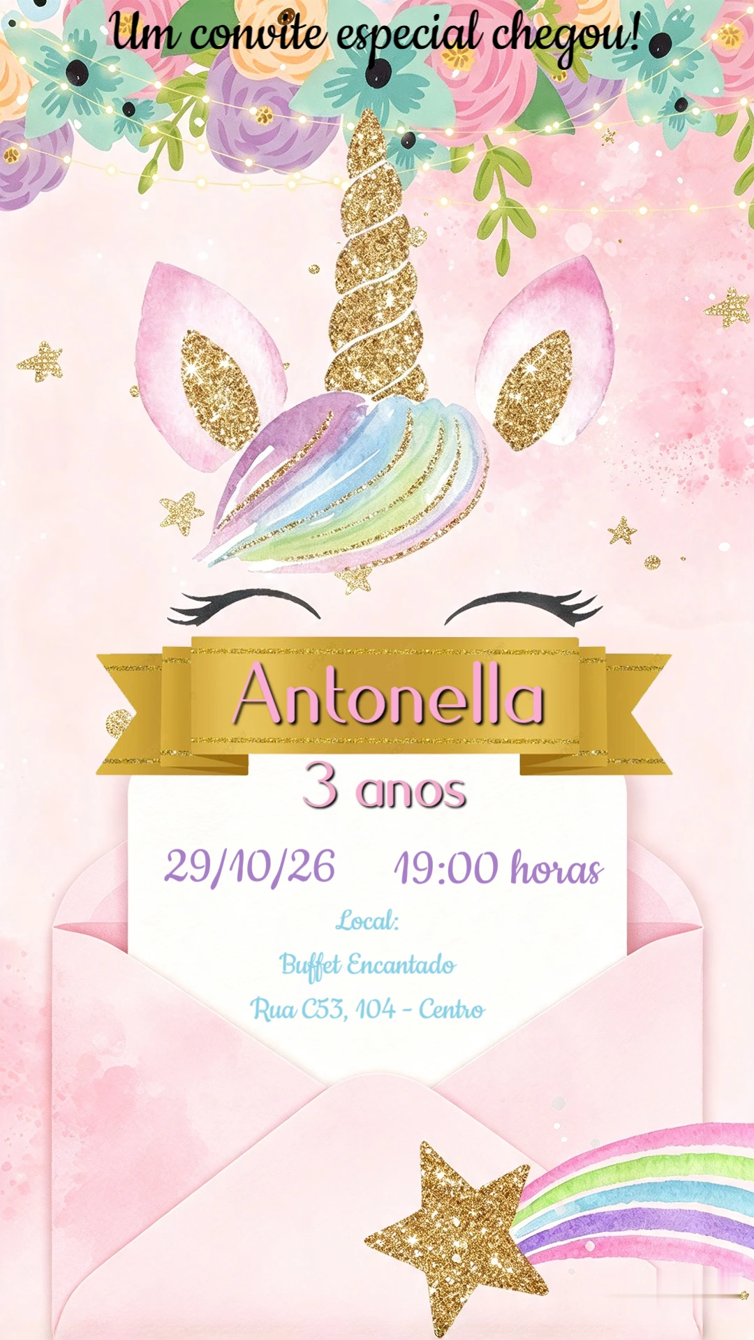 Convite de Aniversário Unicórnio Luxo Digital para Editar Convite de Aniversário Unicórnio Luxo Digital para Editar