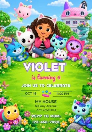 Gabby's Dollhouse Birthday Invitation with Gabby & Cats | Editable