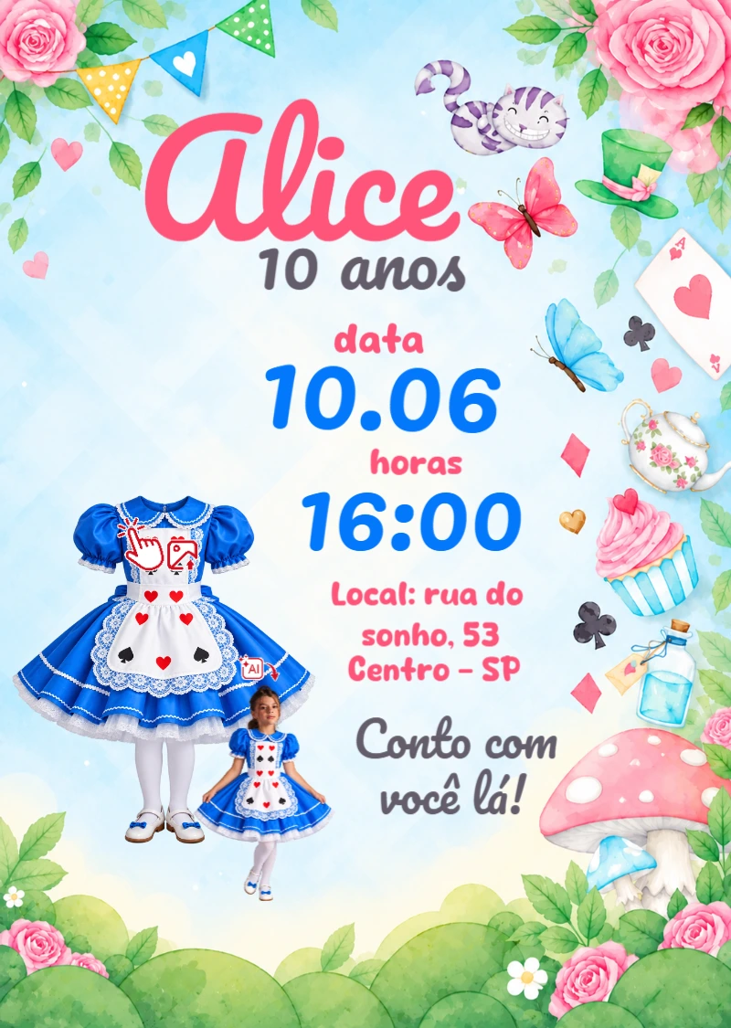 Convite Aniversário: Vire a Alice no País das Maravilhas com Foto IA Convite Aniversário: Vire a Alice no País das Maravilhas com Foto IA