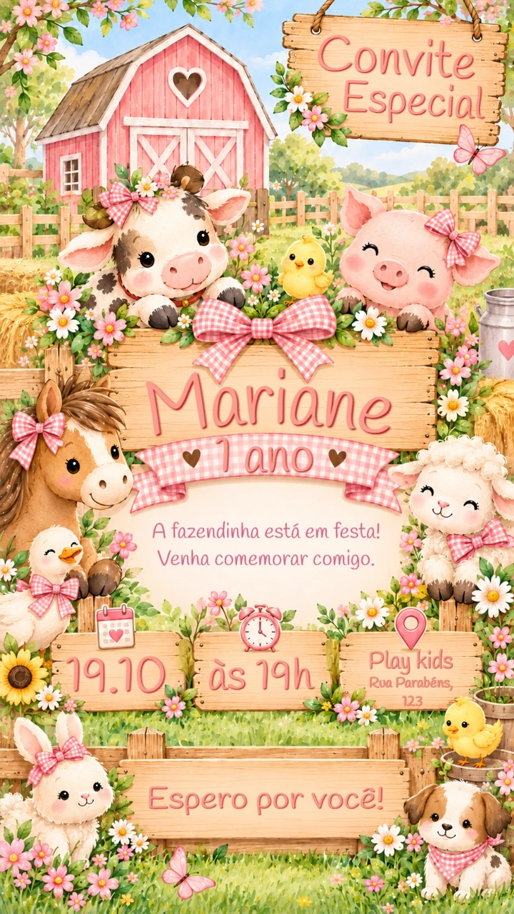 Convite de Aniversário Fazendinha Rosa Menina Editável Convite de Aniversário Fazendinha Rosa Menina Editável