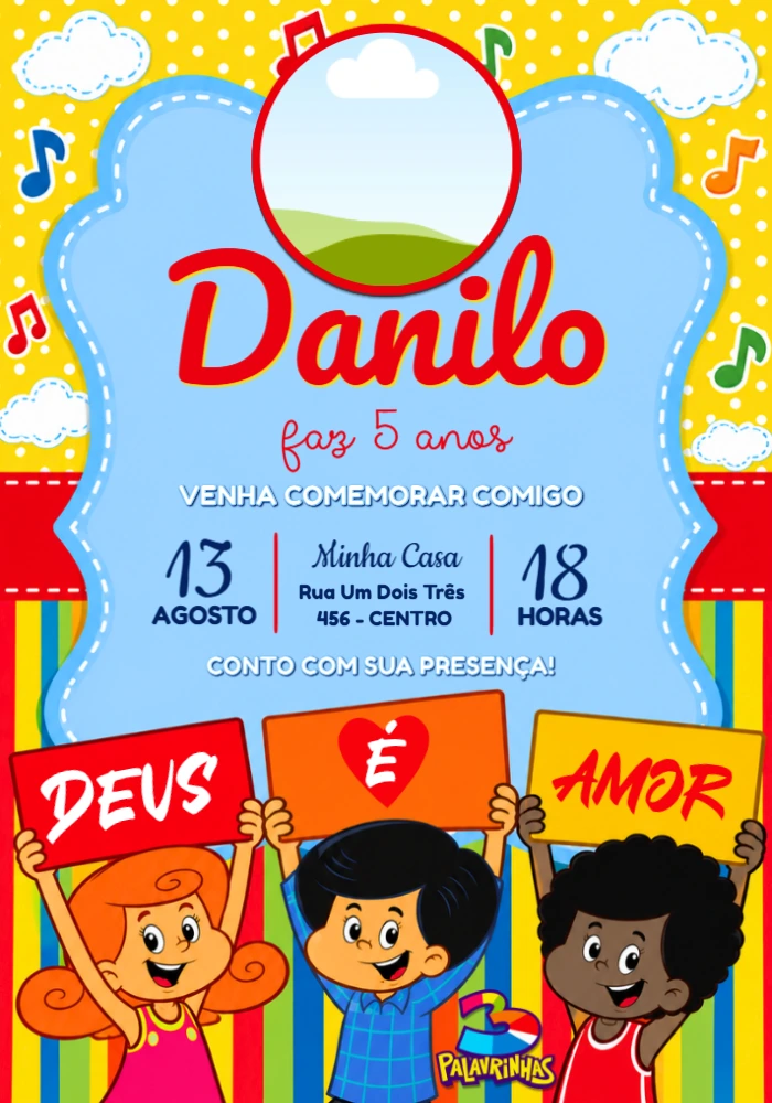 Convite de Aniversário 3 Palavrinhas com Foto Editável Convite de Aniversário 3 Palavrinhas com Foto Editável