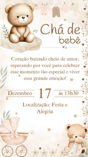 Convite Chá de Bebê Ursinho Aquarela Editável