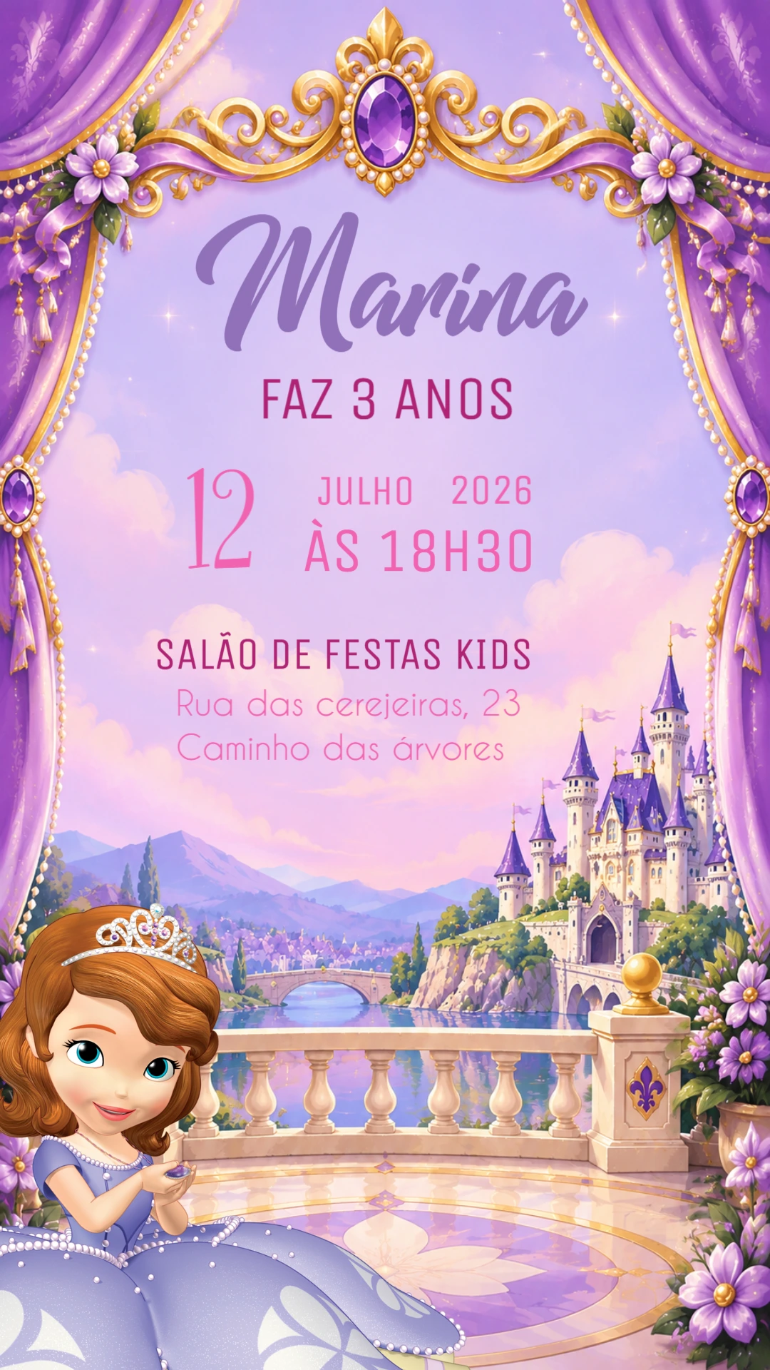 Convite de Aniversário Princesa Sofia no Balcão Real Editável Convite de Aniversário Princesa Sofia no Balcão Real Editável