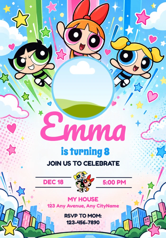 Editable Powerpuff Girls Photo Birthday Invitation Editable Powerpuff Girls Photo Birthday Invitation