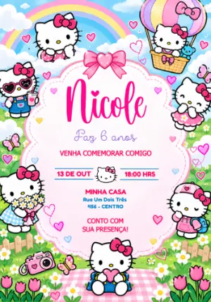 Convite Digital Hello Kitty para Aniversário Infantil Editável