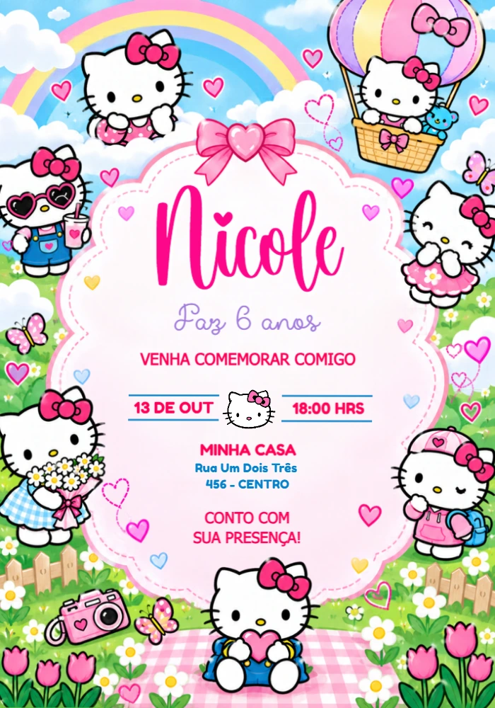 Convite Digital Hello Kitty para Aniversário Infantil Editável Convite Digital Hello Kitty para Aniversário Infantil Editável