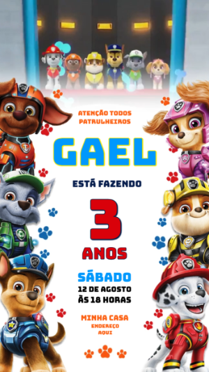 Convite Animado Patrulha Canina: Vídeo de Aniversário Editável