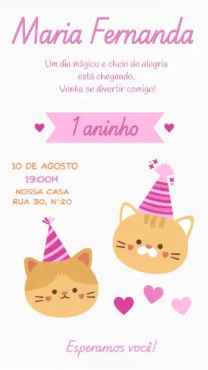 Convite Digital Festa Gatinha 1º Aniversário Editável