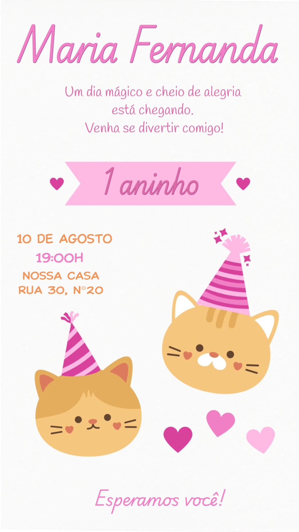 Convite Digital Festa Gatinha 1º Aniversário Editável Convite Digital Festa Gatinha 1º Aniversário Editável