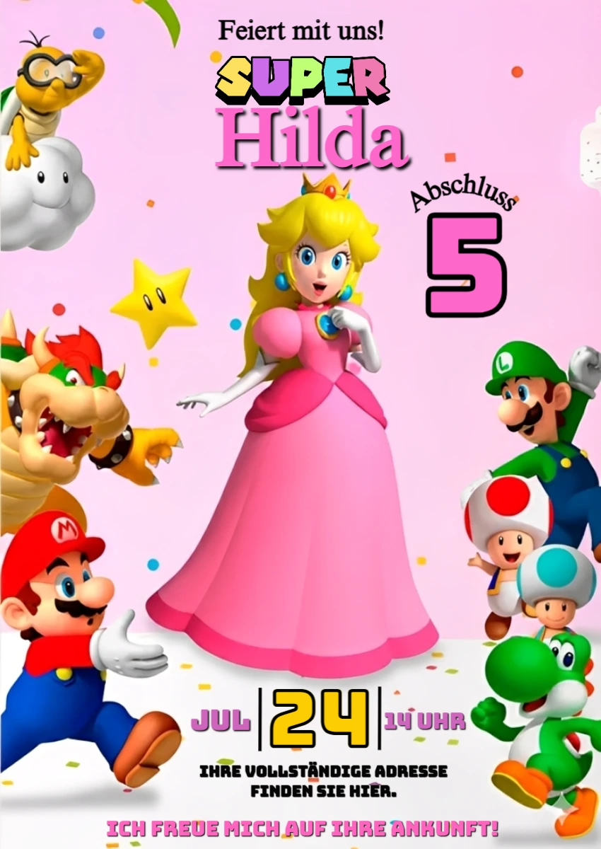 Prinzessin Peach Geburtstagseinladung: Super Mario Vorlage Prinzessin Peach Geburtstagseinladung: Super Mario Vorlage