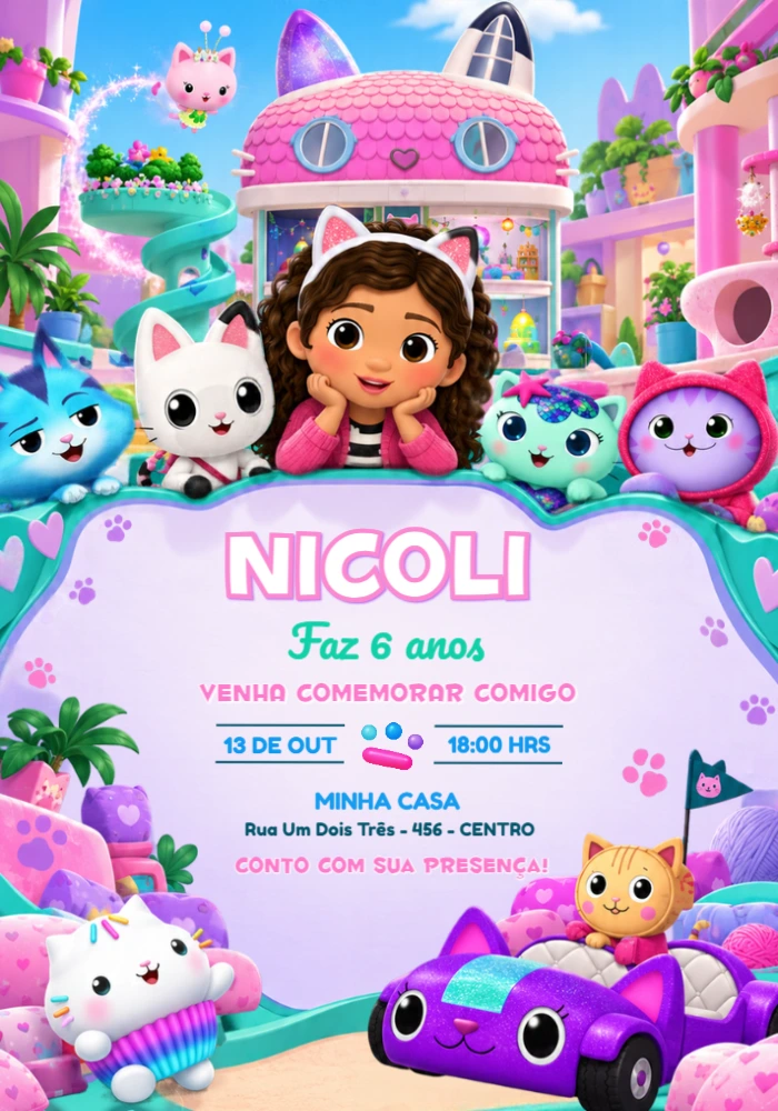 Convite de Aniversário A Casa Mágica da Gabby e Gatos Editável Convite de Aniversário A Casa Mágica da Gabby e Gatos Editável