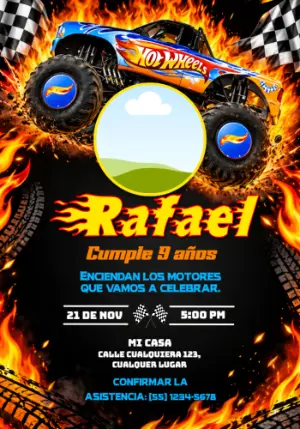 Invitación de Cumpleaños Hot Wheels Monster Trucks en Llamas para Editar