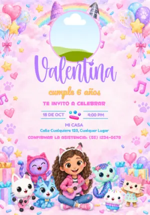 Invitación La Casa de Muñecas de Gabby acuarela con foto editable