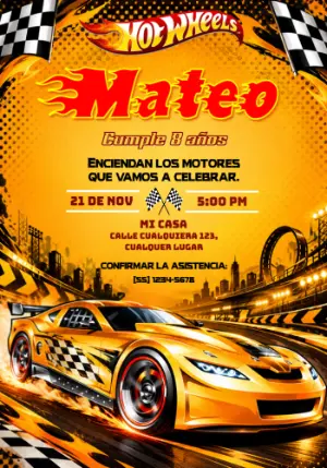 Invitación de Cumpleaños Hot Wheels Carrera Ardiente Editable