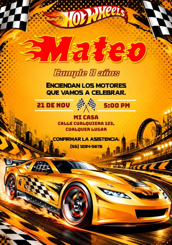 Invitación de Cumpleaños Hot Wheels Carrera Ardiente Editable Invitación de Cumpleaños Hot Wheels Carrera Ardiente Editable