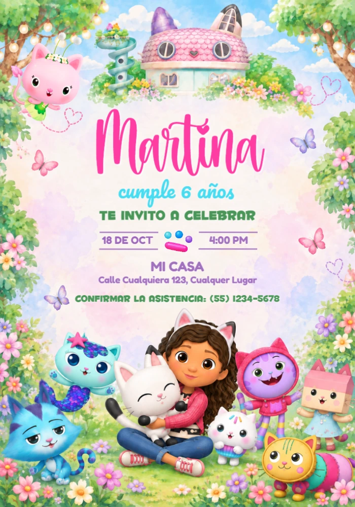 Invitación de Cumpleaños La Casa Mágica de Gabby en el Jardín Editable Invitación de Cumpleaños La Casa Mágica de Gabby en el Jardín Editable
