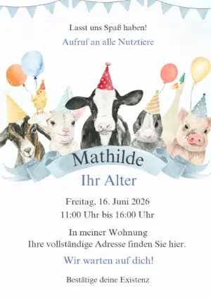 Bauernhoftiere Geburtstagseinladung für Jungen | Editierbare Vorlage