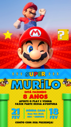 Convite Animado Super Mario: Vídeo de Aniversário para Editar