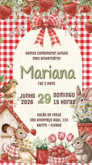 Convite Animado Aniversário Piquenique Morango Rústico para Editar