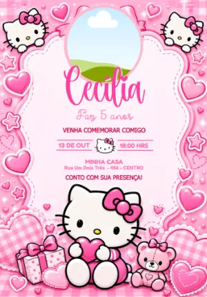 Convite de Aniversário Hello Kitty com Foto Editável