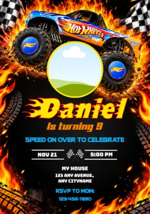 Hot Wheels Monster Truck Photo Invitation - Fiery Action Template