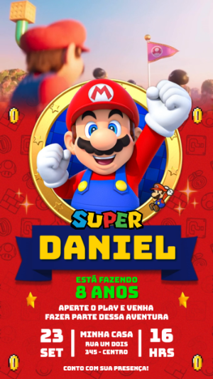 Vídeo Convite de Aniversário Super Mario Editável