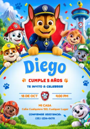 Invitación de Cumpleaños Patrulla Canina: Chase y Amigos Editable