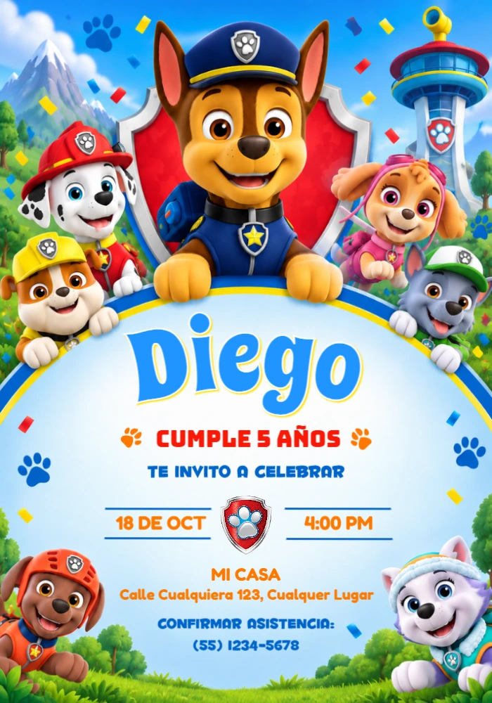 Invitación de Cumpleaños Patrulla Canina: Chase y Amigos Editable Invitación de Cumpleaños Patrulla Canina: Chase y Amigos Editable
