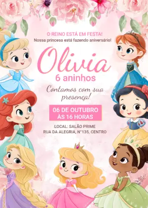 Convite Aniversário Princesas Disney Estilo Fofo para Editar