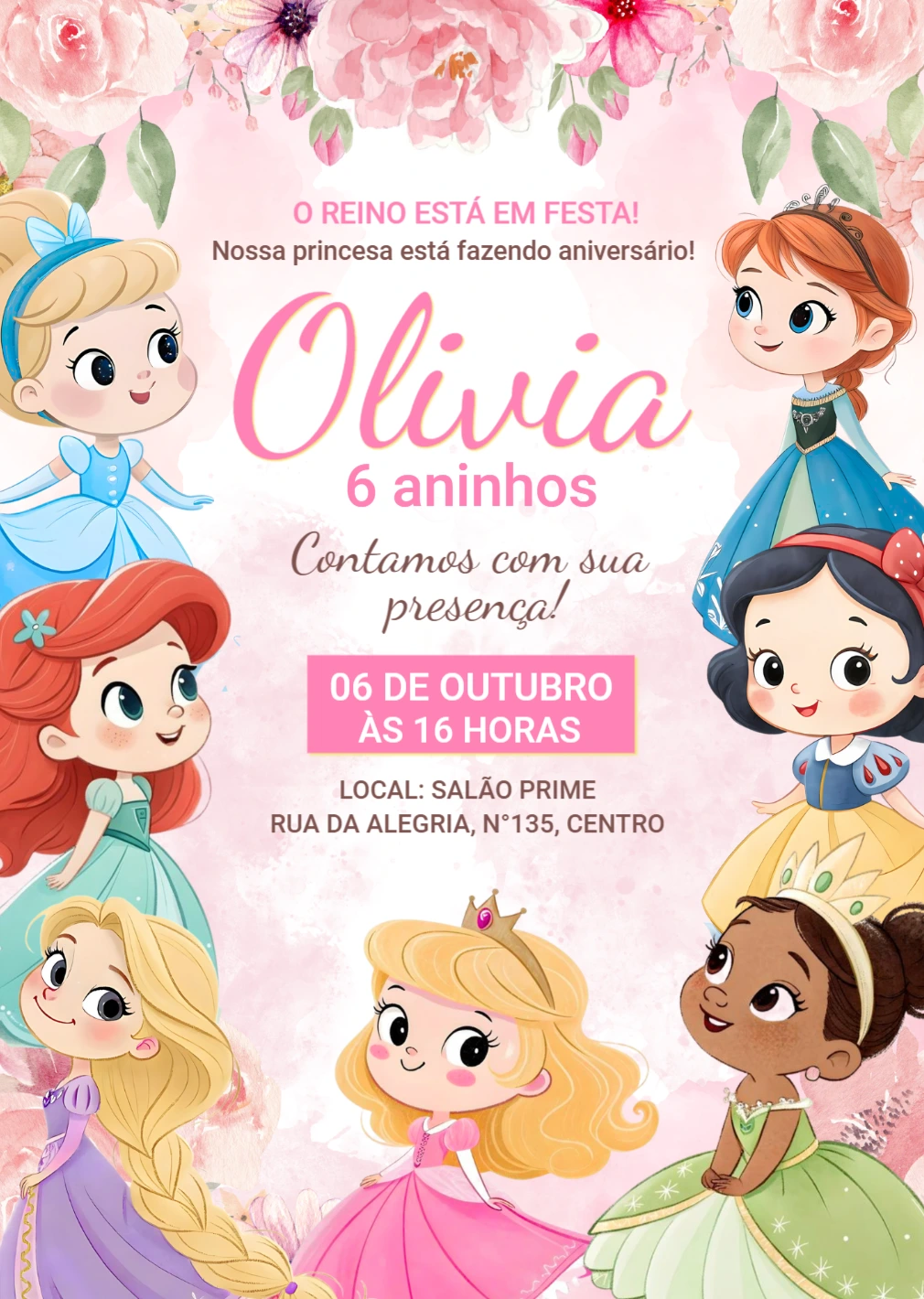 Convite Aniversário Princesas Disney Estilo Fofo para Editar Convite Aniversário Princesas Disney Estilo Fofo para Editar
