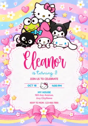 Hello Kitty & Friends Peeking Over Editable Birthday Invitation