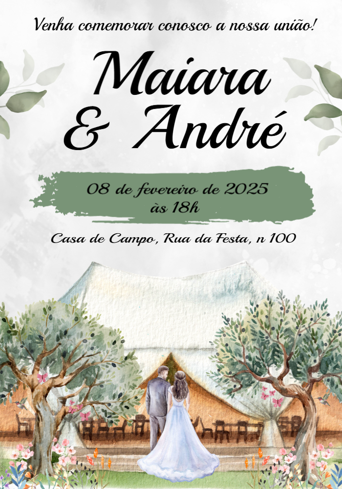 Convite de Casamento Rústico Aquarela para Editar Online