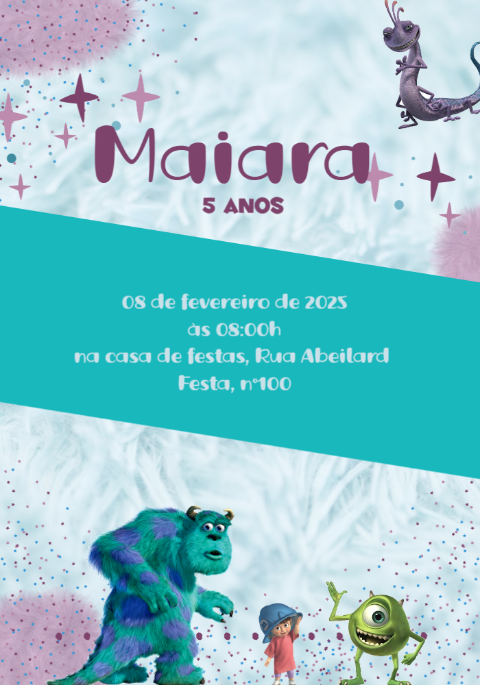 Convite de Aniversário Monstros S.A. Colorido para Editar